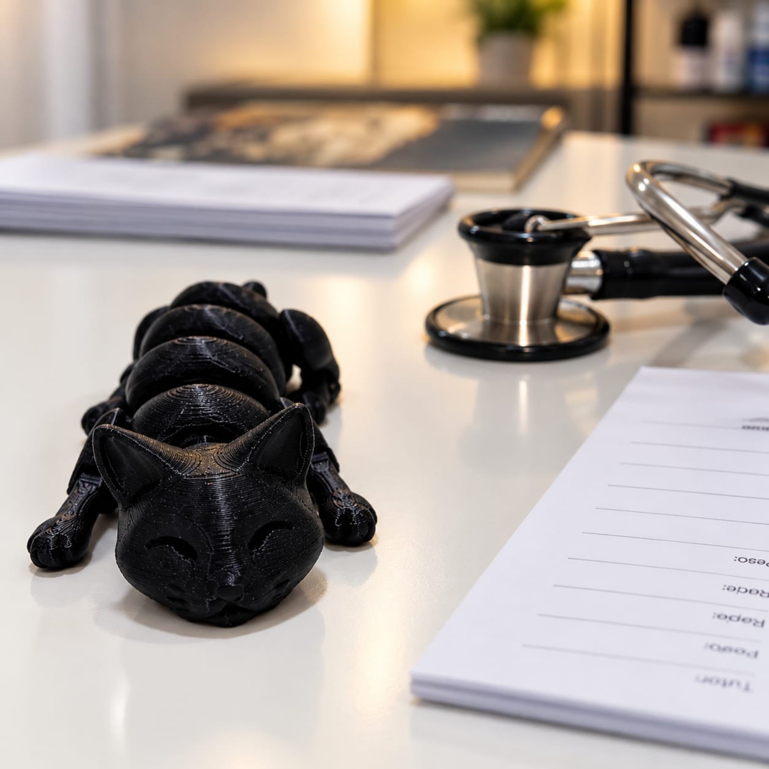 Detalhe de mesa com estetoscópio, receituário e escultura de gato