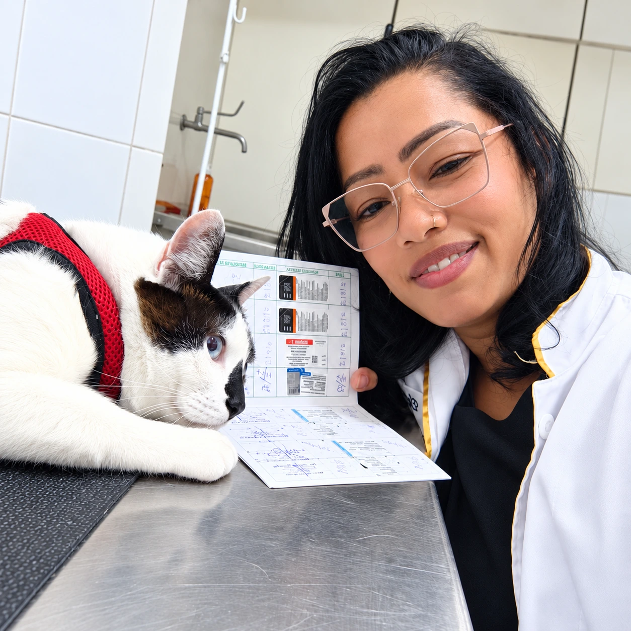 Dra. Elayne ao lado de um gato branco e preto e sua carteira de vacinação