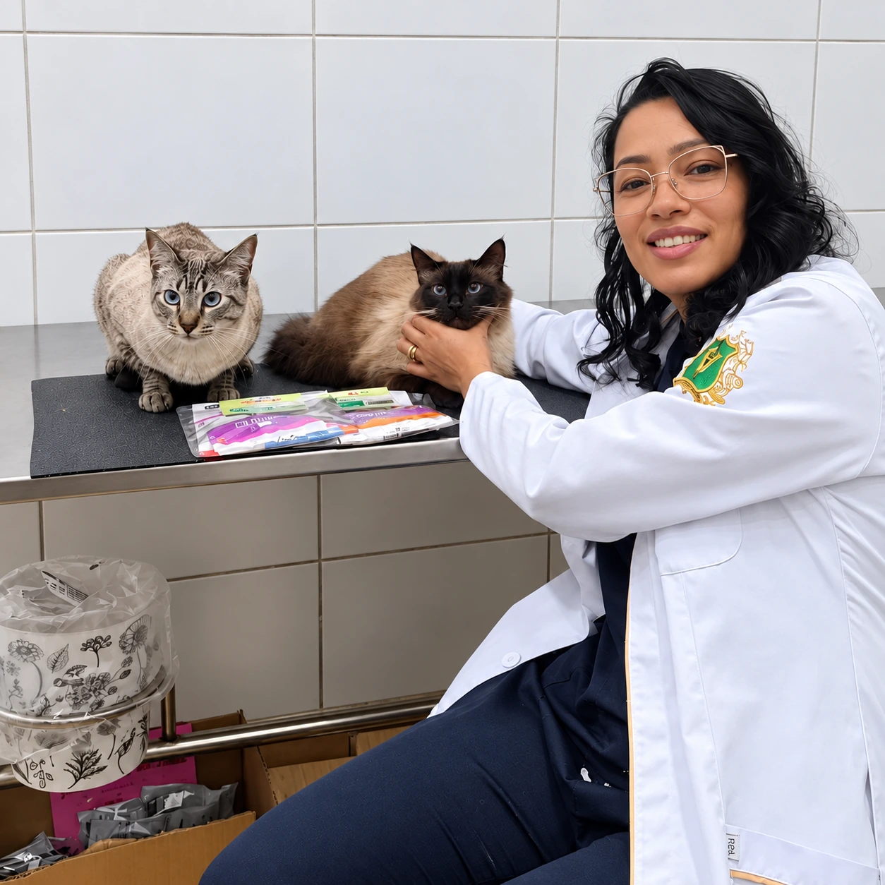 Dra. Elayne com dois gatos na mesa de atendimento