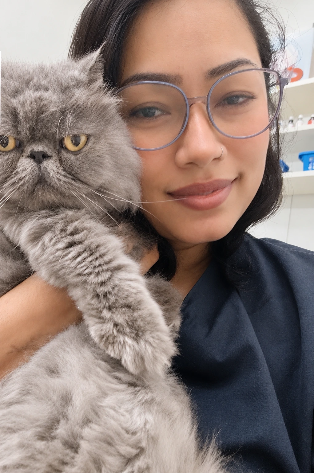 Dra. Elayne com um gato cinza de pelos longos