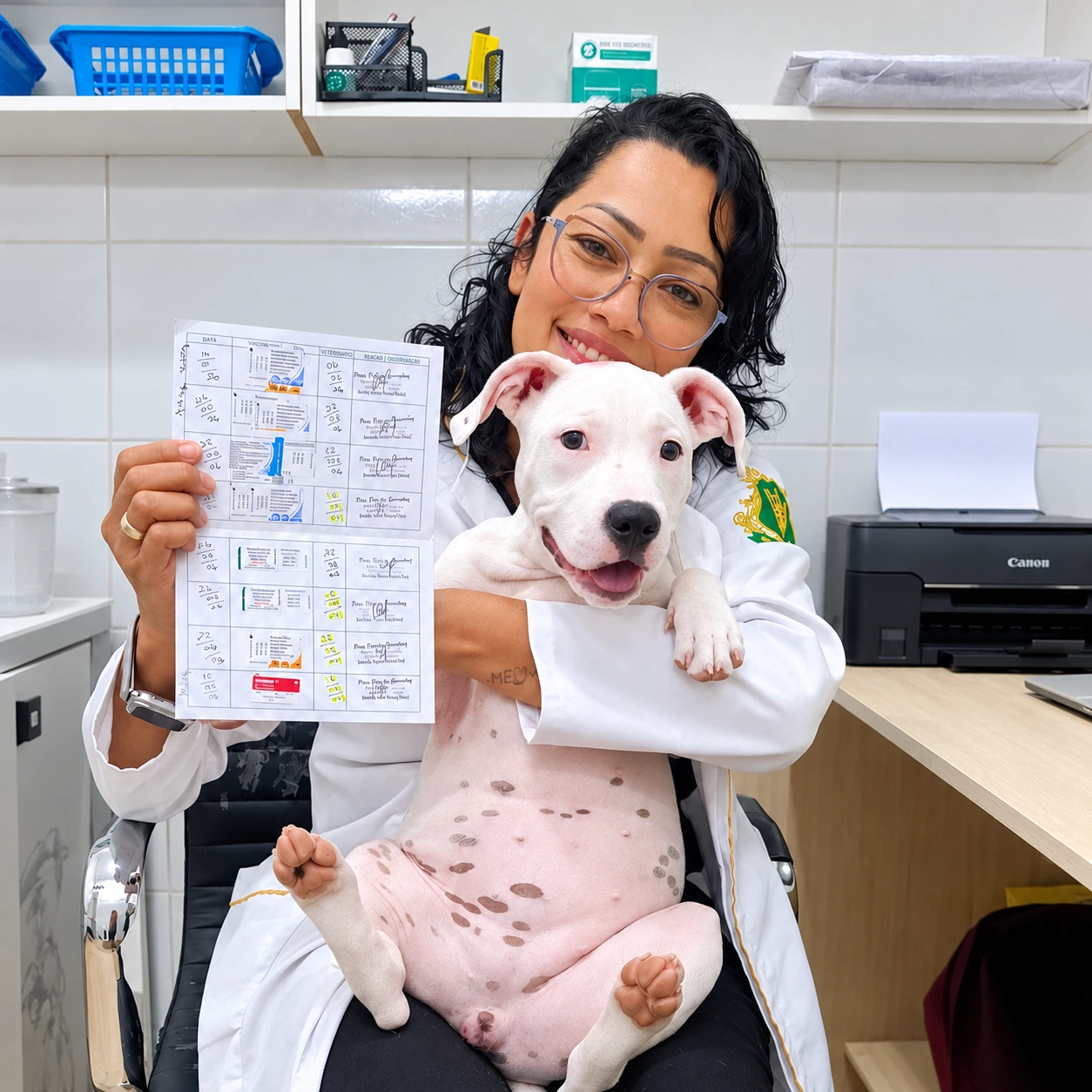 Dra. Elayne com um filhote branco e sua carteira de vacinação